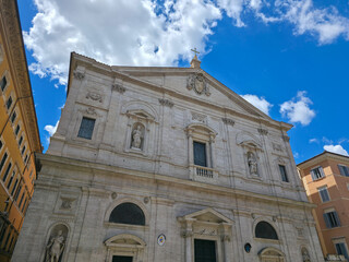 Fototapeta premium Facade of San Luigi dei Francesi Church in Rome Italy Renaissance and Baroque Architecture of French National Church Exterior Against Blue Sky Low Angle View