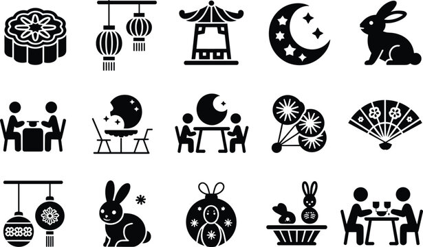 Mid Autumn Festival mooncake rabbit lantern icons, Chinese traditional celebration symbols, moon stars tea family gathering vector illustration design set