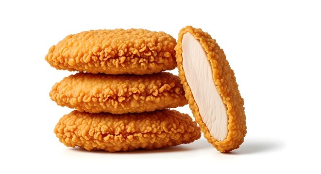 Crispy breaded chicken nuggets stack with cutaway view isolated on white background