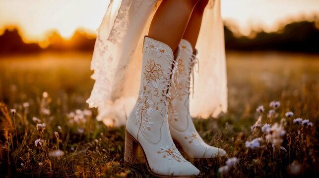 The bride wears a pair of off-white ankle boots made of soft suede