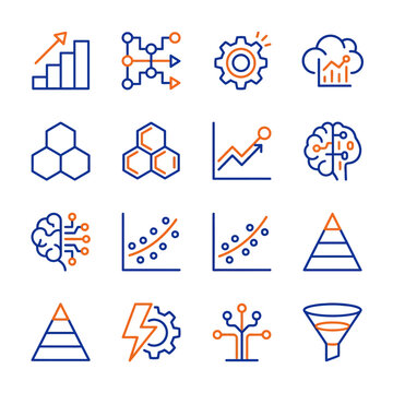 Vector set of 16 linear icons representing predictive analytics, artificial intelligence, machine learning, data visualization, statistical graphs, cloud processing and neural networks.