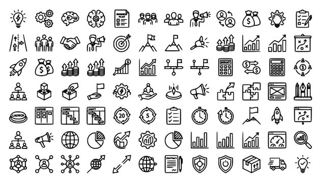 Massive minimalist black line art vector icon library of birds, wild animals, farm animals and nature elements, pure white background. Elegant thin black outlines, detailed wings, feathers, antlers, l