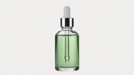 Naklejka premium Glass bottle with green serum and dropper on white background for skincare or beauty product