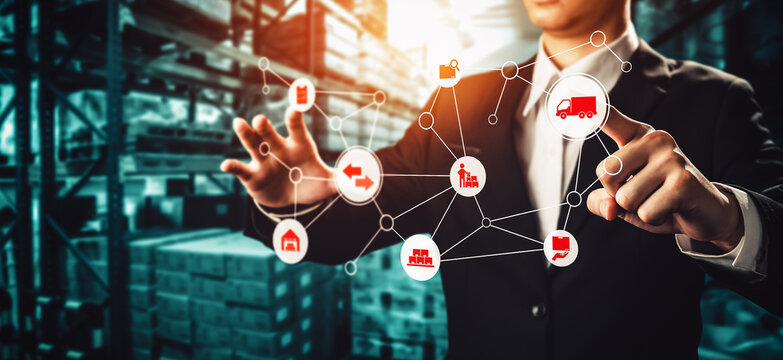 Smart warehouse management system with innovative internet of things technology to identify package picking and delivery . Future concept of supply chain and logistic network business .