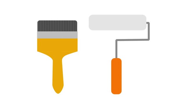 A flat design graphic animation of a paint brush and a paint roller sliding up and down against a clean white background.