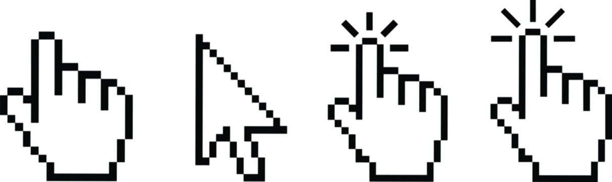 Pixel mouse cursor and hand pointer vector icons, digital click symbols, computer navigation design elements for web, apps, and UI