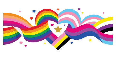 Fototapeta premium Vibrant pride ribbon background with flowing rainbow and inclusive flag colors forming intertwined hearts and sparkling stars, ideal LGBTQ celebration design for equality campaigns, festivals and soci
