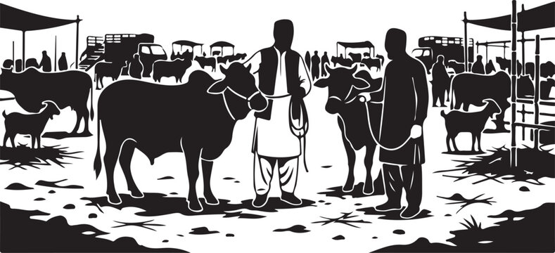 Livestock market scene featuring cattle and goats with people dressed in traditional attire, illustrating a rural agricultural setting and commerce