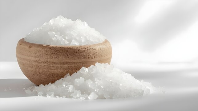 Natural Sea Salt Crystals Piled Beside a Small Ceramic Bowl With Soft Sunlight