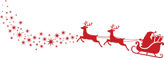 Santa Claus sleigh silhouette, Christmas reindeer illustration, holiday season decoration, festive winter design, Xmas background, celebration, magical night, holiday art © Yasmin Creative 