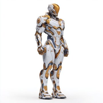 Futuristic Warrior Bot: A highly detailed, humanoid robot in a sleek white and gold metallic suit, embodying advanced technology and futuristic design.