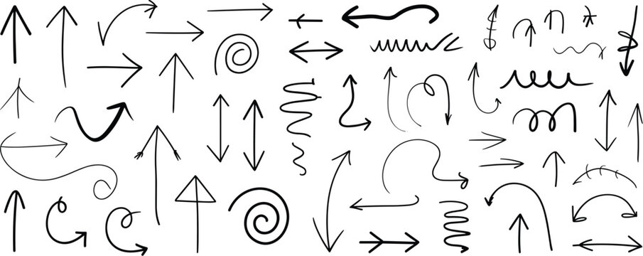 Collection of diverse hand drawn arrow shapes and directional pointers in various styles and sizes