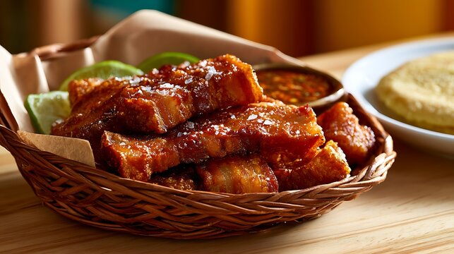 Colombian chicharr&oacute;n in artisan wicker basket lined with kraft paper, positioned center-left on a light wood table
