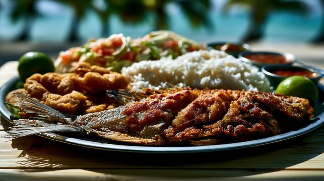 pescado frito on large metal serving platter, positioned center-left on a light beach wood table