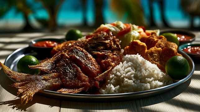 pescado frito on large metal serving platter, positioned center-left on a light beach wood table