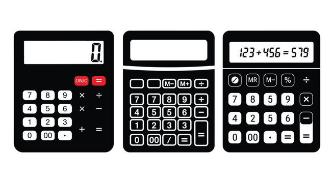 Three black electronic calculators with buttons and digital display screens