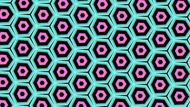 Repeating geometric pattern of interlocking hexagons.