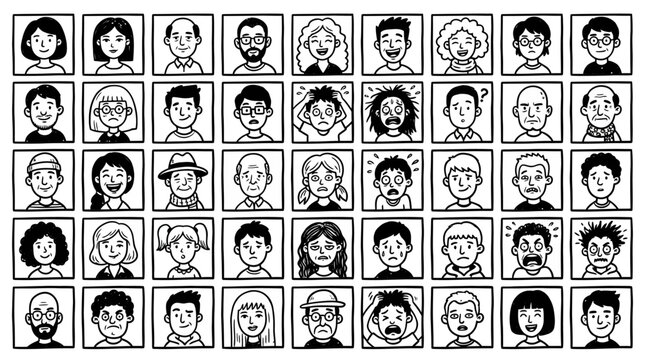 Diverse Doodle Faces Collection: Expressive Characters in Hand-Drawn Style