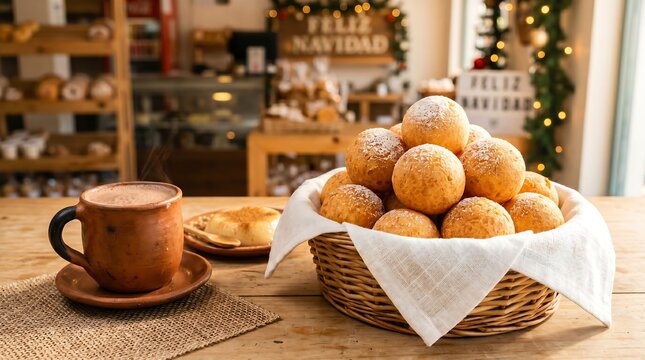 bu&ntilde;uelos in wicker basket lined with white linen cloth, positioned in the lower right third on a light wood table