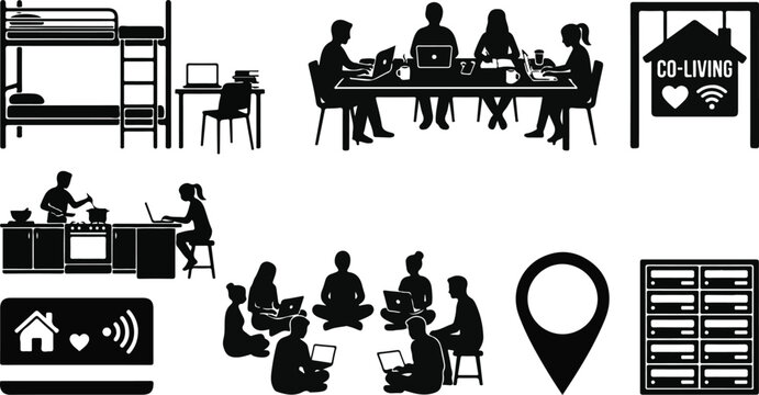 Comprehensive co-living and coworking icon set featuring shared housing communal kitchen digital nomad lifestyle and community workspace silhouettes
