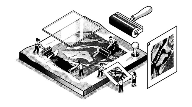 Artistic Printmaking Process: Artists Creating Linocut or Woodcut Prints