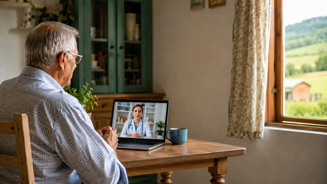 Telehealth, rural telemedicine access. Elderly patient attending video consultation from countryside home