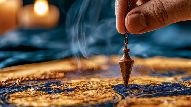 Person performing divination with bronze pendulum over mystical map