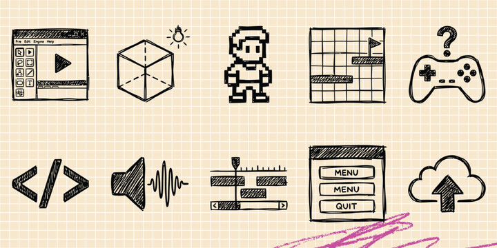 Black ink scribble doodle vector vintage hand drawn set of web development code html programming software computer internet and technology cyber script