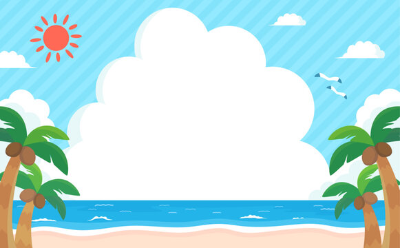 夏の海と浜辺の風景と入道雲フレーム_横