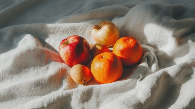 Group of fresh citrus and pome fruits rest on a rumpled light textile surface under dramatic light.