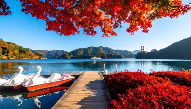 Autumn Japanese lake landscape with swan paddle boats wooden dock and red maple trees