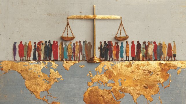 Global community standing before a central symbol of measured justice above a worldly depiction