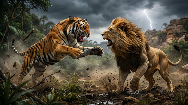 Dramatic confrontation between a powerful tiger and a majestic lion during a stormy african day.