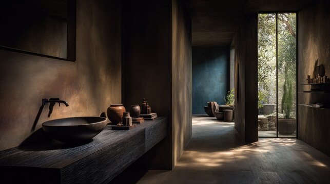 Interior design showcases a dark, textured bathroom space connected to a lush outdoor area through a tall window.