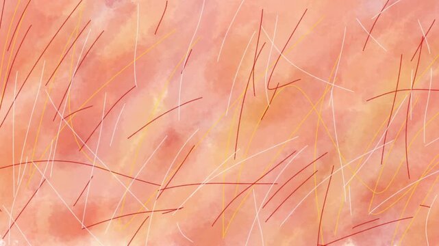 Abstract looping background with warm watercolor textures and scattered, thin, chaotic lines in shades of red, brown, and white.