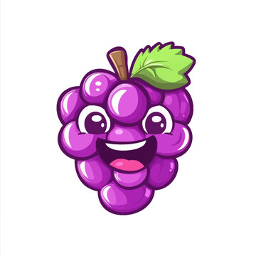 A cartoon image of a cheerful purple grape bunch with big eyes, a smile, a leaf, and a stem