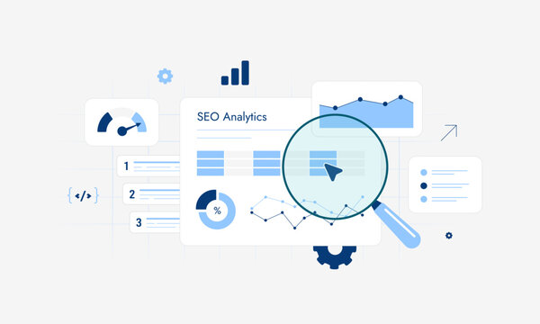 SEO analytics with website ranking and search performance in digital dashboard. Analyze traffic data and optimize search results with seo report and website marketing metrics vector illustration