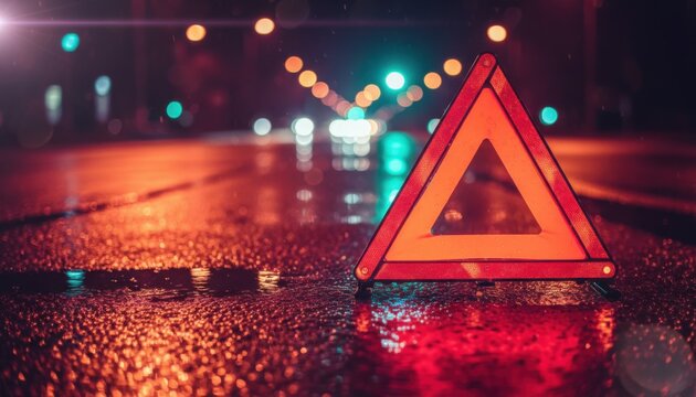 Emergency warning triangle on a wet road at night with colorful neon reflections for road safety awareness, insurance advertising and automotive breakdown coverage