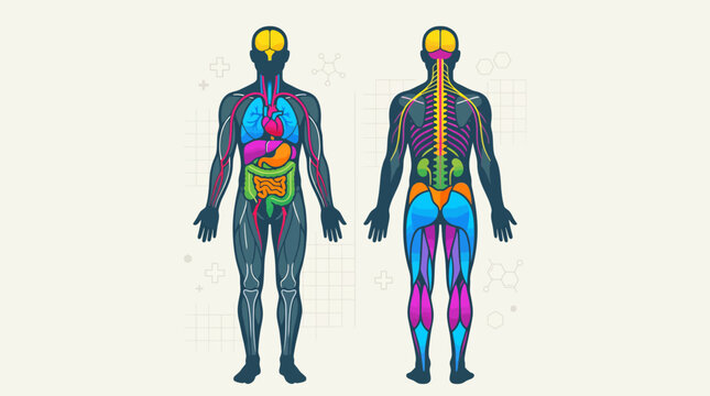 Detailed flat vector human anatomy illustration showing internal organs, brain, blood vessels, nervous system, and muscle groups in front and back views