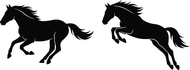Two horse silhouettes galloping and jumping with flowing mane and tail, dynamic animal posture, equestrian design, wild nature vector art © MOSTSHAHANAJ
