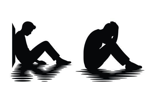 Sad man sitting alone silhouette icons representing grief and depression