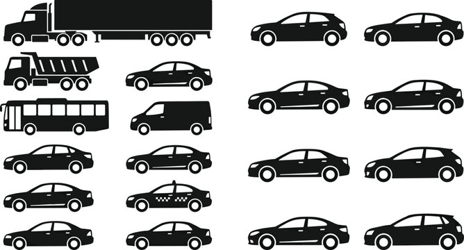 Vehicle silhouette icons collection with semi‑truck, dump truck, bus, van, taxi, passenger cars, commercial transportation vector illustration design