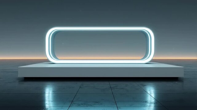 A glowing, neon-lit rectangular frame sits atop a plain, white platform. It's in a reflective space
