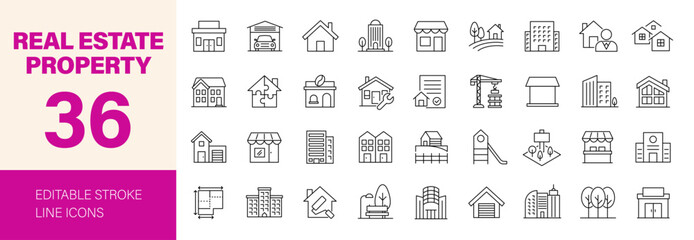 Plakat Real estate Properties icon set. Editable line icons. Vector illustration.