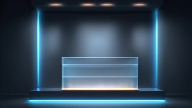 Modern display area with glass showcase on a pedestal with neon-lit edges