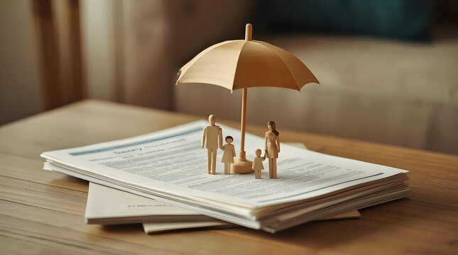 Life insurance provides financial protection for families, represented by wooden figures under an umbrella on financial documents. It encompasses coverage, beneficiaries, income security, and financia