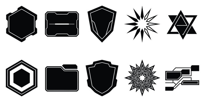 Vector shield and starburst icons in black and white for security and design