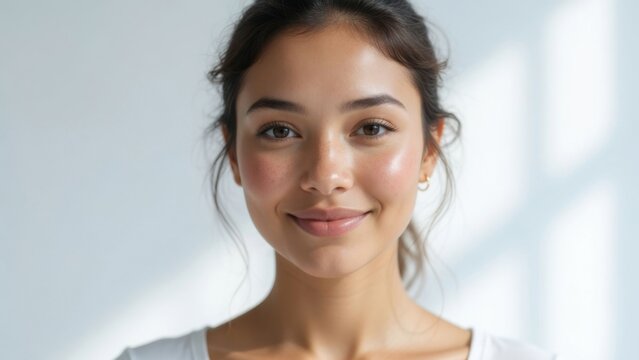 Young woman gentle smile with pulled back hair in soft light