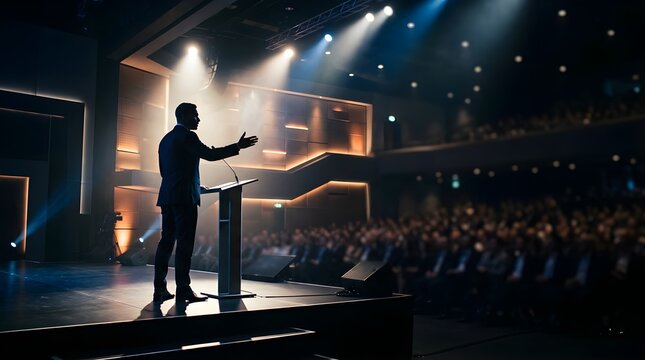 Silhouette of a businessman giving a keynote speech on a lit stage