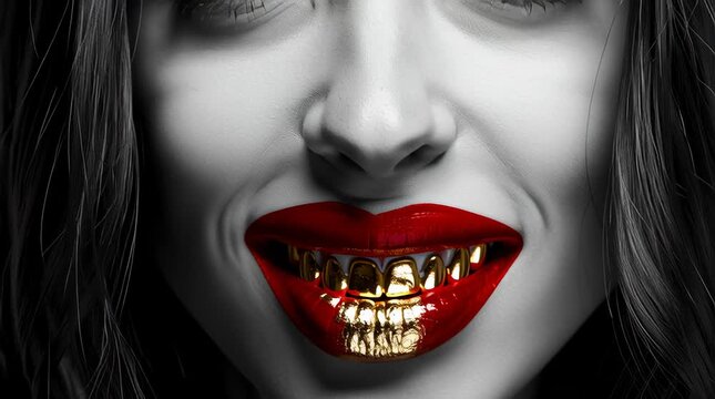 female with very attractive big lips showing her gold teeth and fangs the image black and white except the red lipstick on her lips and the gold on the teeth and fangs,